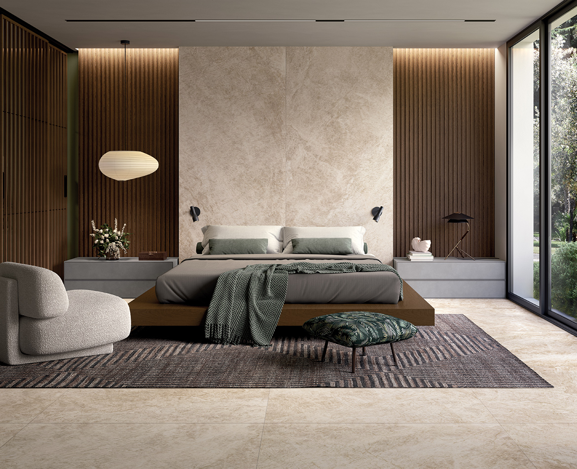 Schlafzimmer mit Naturtönen und beigen Wand- und Bodenverkleidungen