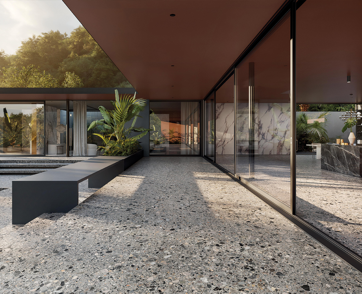 Moderner Patio mit Boden in venezianischer Terrazzo-Optik