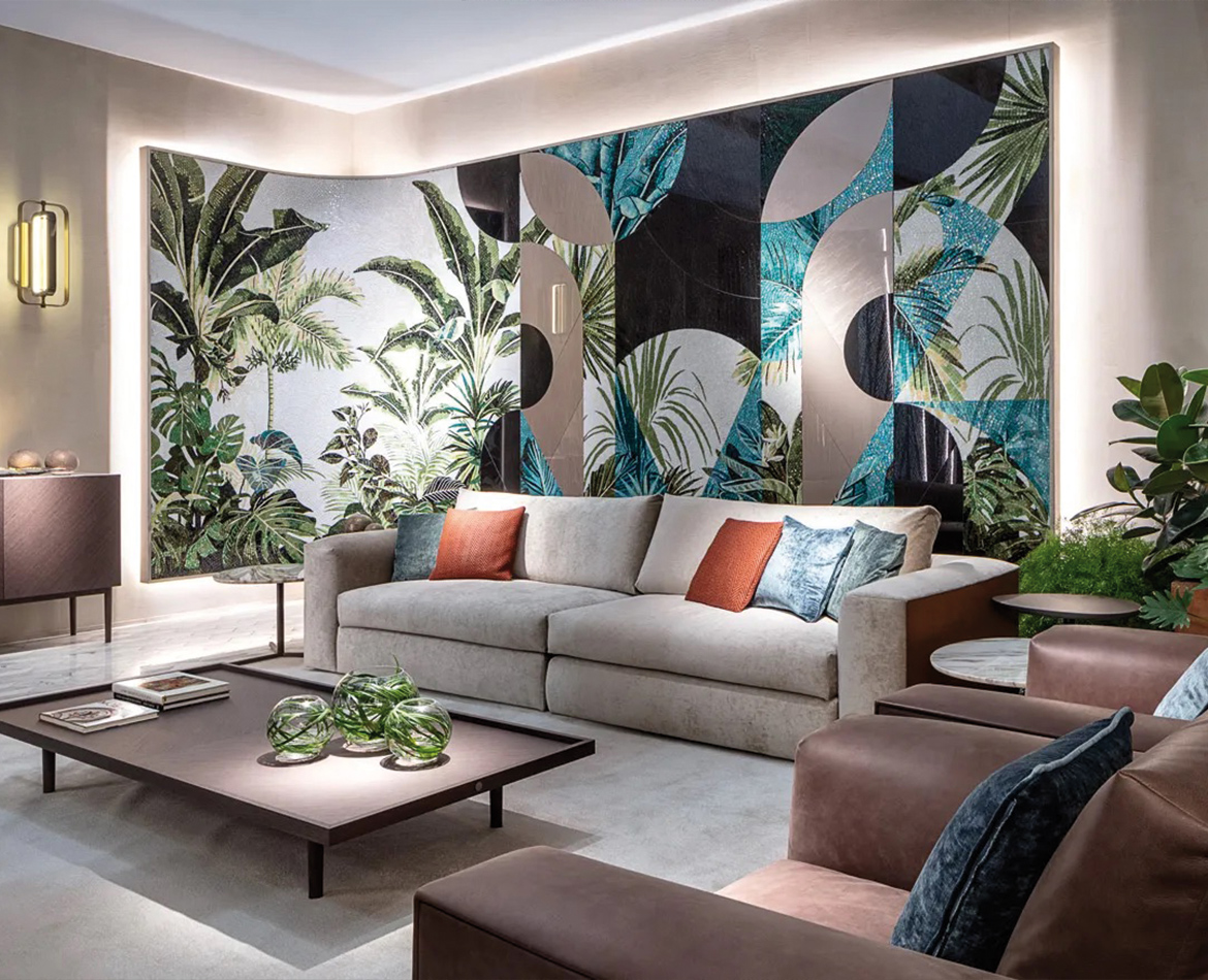 Exklusive Wandverkleidung mit Mosaik-Motiv aus tropischen Pflanzen