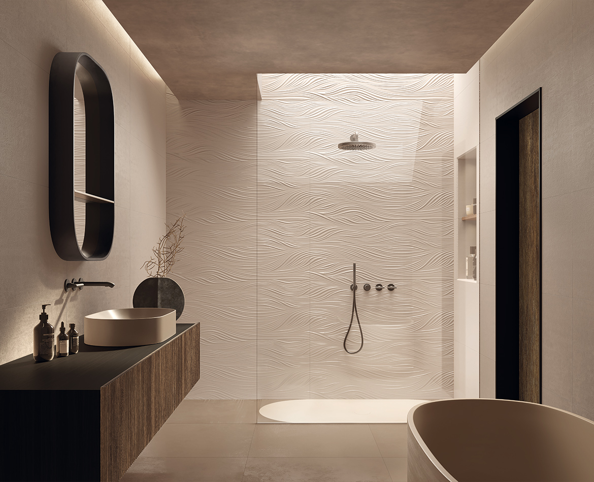 Minimalistisches Bad mit Wellenstruktur-Dekor in der Dusche